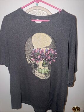 Dark Gray Skull Tee with Pink Flower Eyes- five below